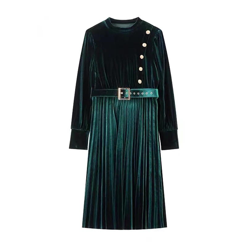 

Женское бархатное платье, однобортное плиссированное платье с круглым вырезом и поясом, Осень-зима 2021