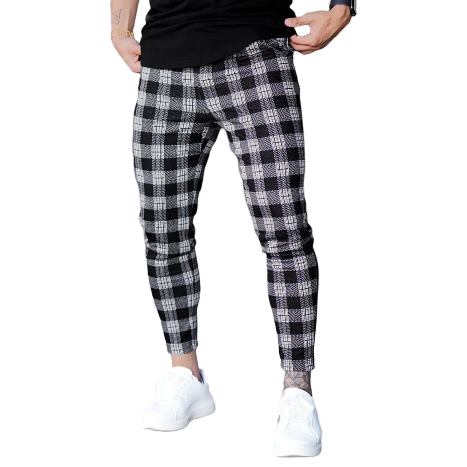 

New Fashion Men’ s Sport Pants, Boys Plaid High Waist Trousers Pencil Pants for Spring Fall