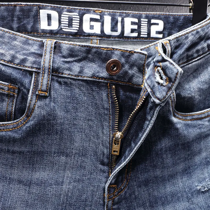Newly Designer Fashion Men Jeans High Quality Retro Blue Elastic Slim Ripped Jeans Men Korean Style Vintage Casual Denim Pants