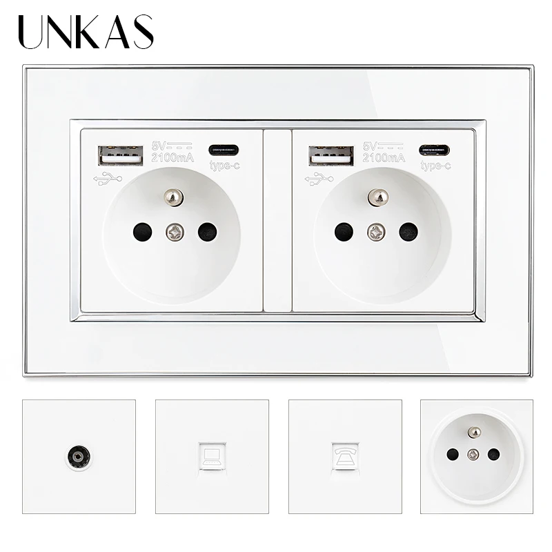 UNKAS Белая французская розетка с USB-портом типа C + ТВ RJ11 телефонный разъем RJ45 для