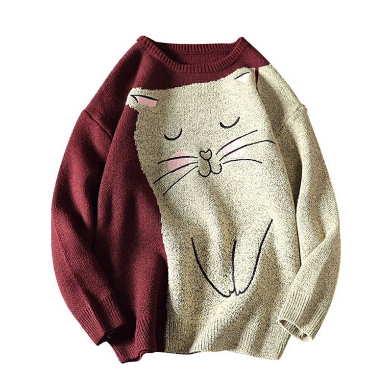 Осенний корейский модный свитер для мужчин и женщин с милым рисунком кота