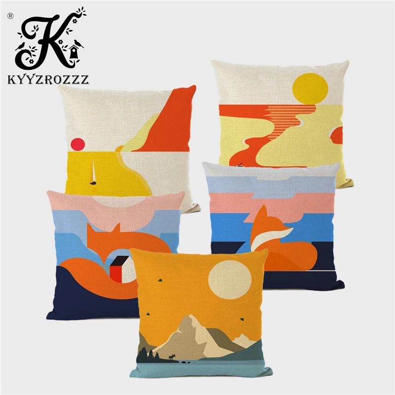 

KYYZROZZZ Nordic Geometric Animal Print Cushion Cover Mountain Peak Sun Fox Linen Pillowcase Almofada45*45cm