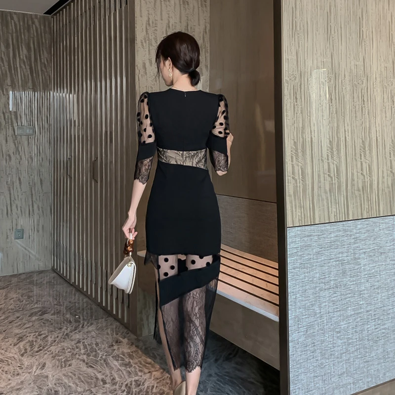 

Fashion women elegant high quality dress new arrival summer OL sexy slim temperament lace perspective long pencil dress