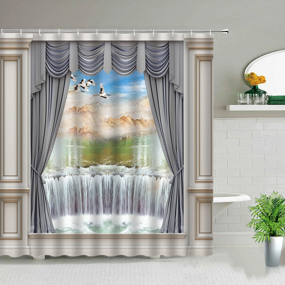Ландшафтная занавеска для душа пейзаж водопад морской цветок растение декор