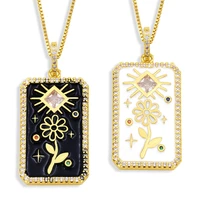 vintage tarot cards amulet pendant necklace gold plated zirconia enamel flower pattern square charm choker women couple jewelry