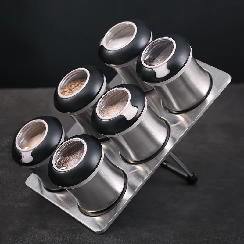 

AMINNO Stainless Steel Spice Dispenser Seasoning Jar Set 6pcs Pepper Shakers Magnetic Bottom Kitchen Accessories BBQ Tools