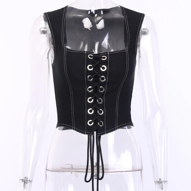 

Goth Dark Black Lace Up Gothic Aesthetic Women Tank Tops Mall Goth Grunge Punk Patchwork Denim Bustier Alternative Crop Tops Emo