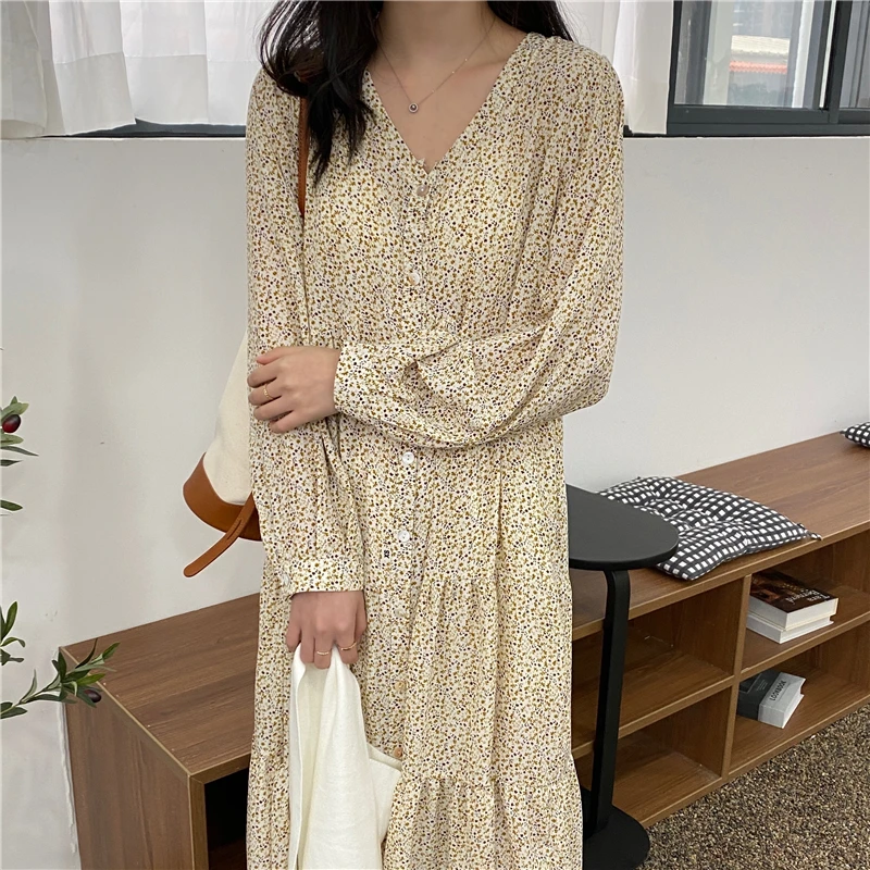 

Spring V-neck Long Sleeve Vintage Loose Dress Women Korean Casual Women's Long Dresses Female Print Floral Dress