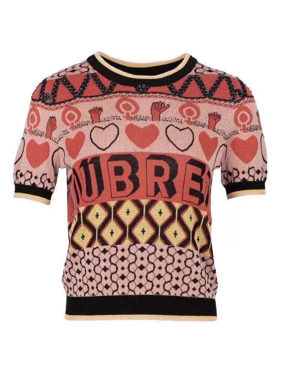 

Juice Snow 2021 New Women Summer Fashion Letter Color Matching Love Jacquard Knitted T-Shirt Short-Sleeved Round Neck TopSweater