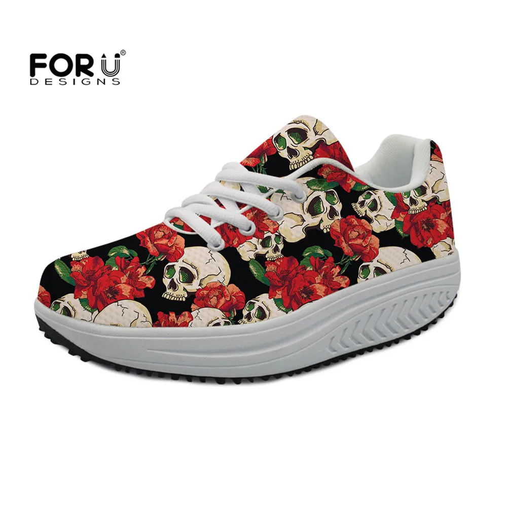 

Женские кроссовки на танкетке FORUDESIGNS, повседневные кроссовки с черепами и розовыми вставками, увеличивающие рост, для девочек-подростков