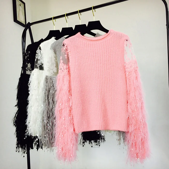 Spring and Autumn New Sweet Super Fairy Top Round Neck Pullover Long Sleeve Knitted Fringe Lace Panel Mohair Sweater | Женская одежда