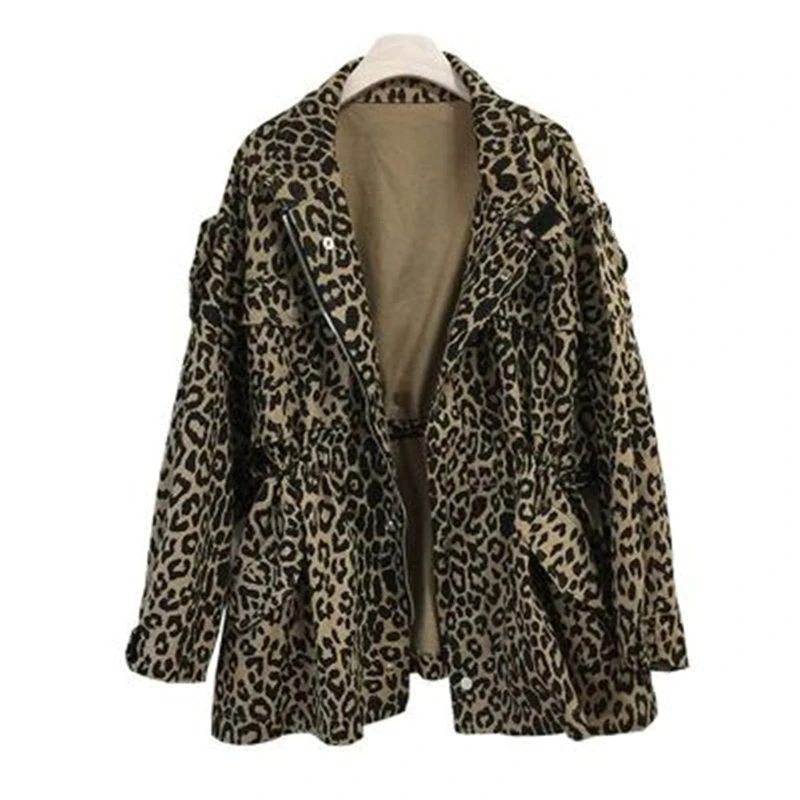 

New Sexy Leopard Zipper Windbreak Jacket Women Autumn Casual Loose Mid-length Windproof Coat Female Office Lady Outwear