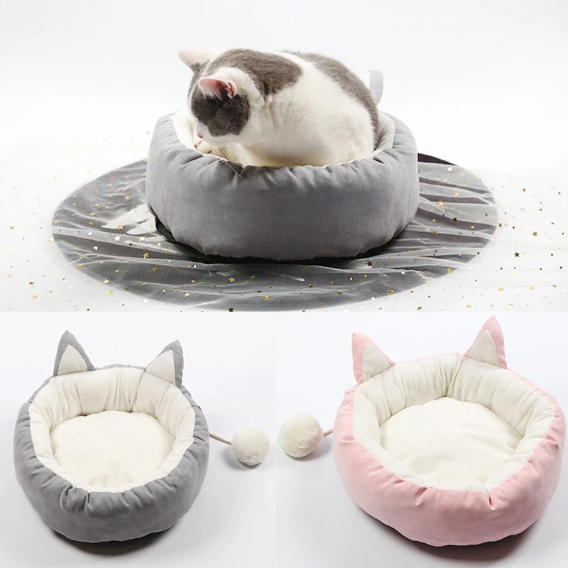 

Cute Cat Ear Pet Bed Kittens Winter Warm Supplies Dog Cute Plush Sleeping Soft Waterproof Round Kennels Cushion Nest Dogs Cats