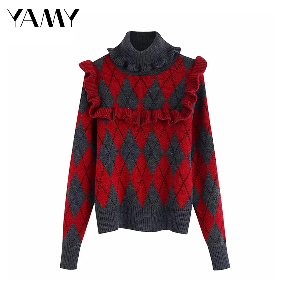 

Long Sleeve Turtleneck Chic Christmas Slim Sweaters Women Knitted Ruffles Jumper Vintage Zora Pullovers Winter Knitwear