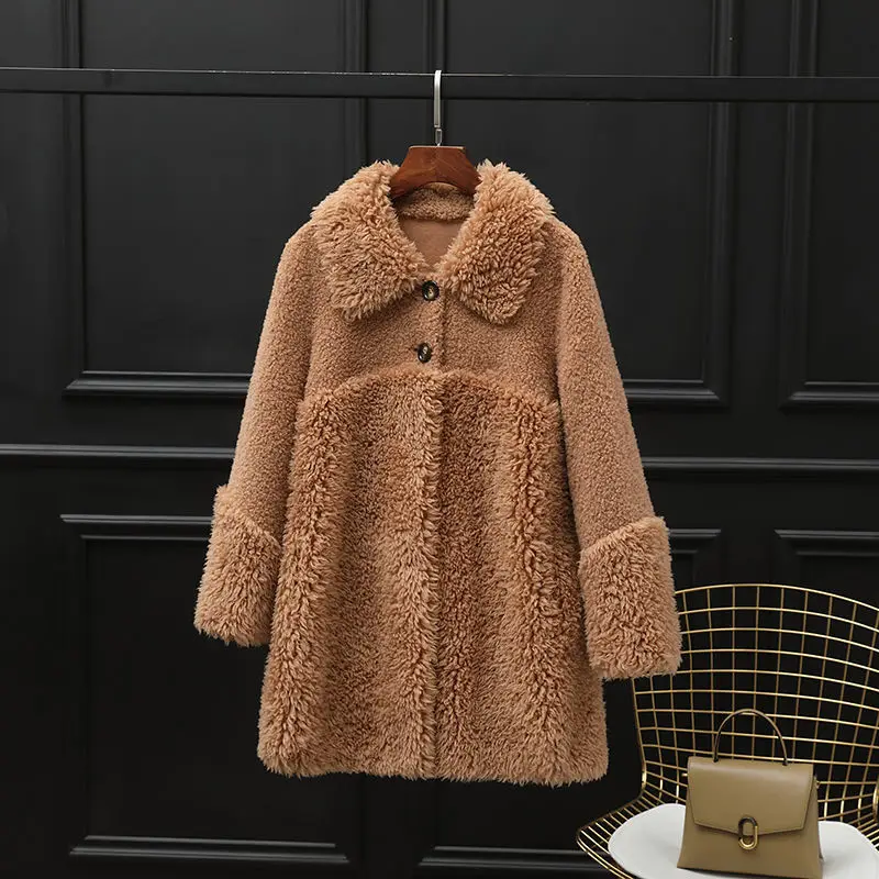 New Winter Pure Wool Ladies Fur Overcoat Mid-Length Lamb Wool Coat Women Composite Fur One-Piece Sheep Shearing Coat Female Q336