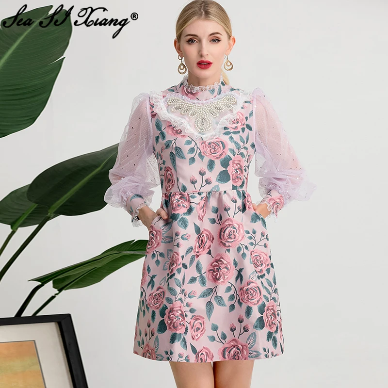 

Seasixiang Fashion Designer Autumn Dress Women Stand Collar Mesh Lantern Sleeve Rose Flower Print Vintage Mini Dresses