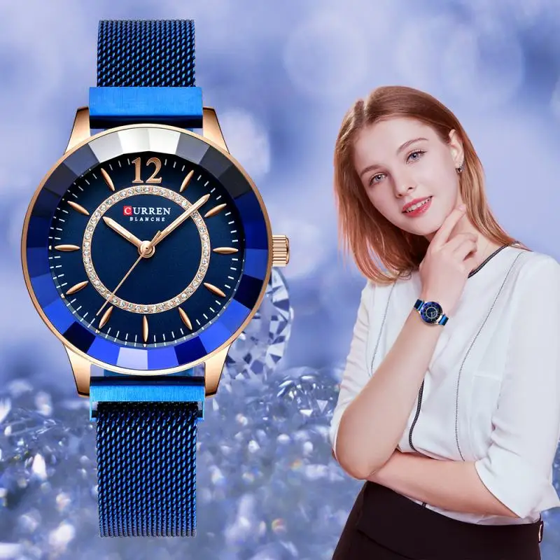

Curren New Rhinestone Fashion Quartz Mesh Steel Watch for Women Causal Blue Ladies Watch Bayan Kol Saati Classy Luxury Clock