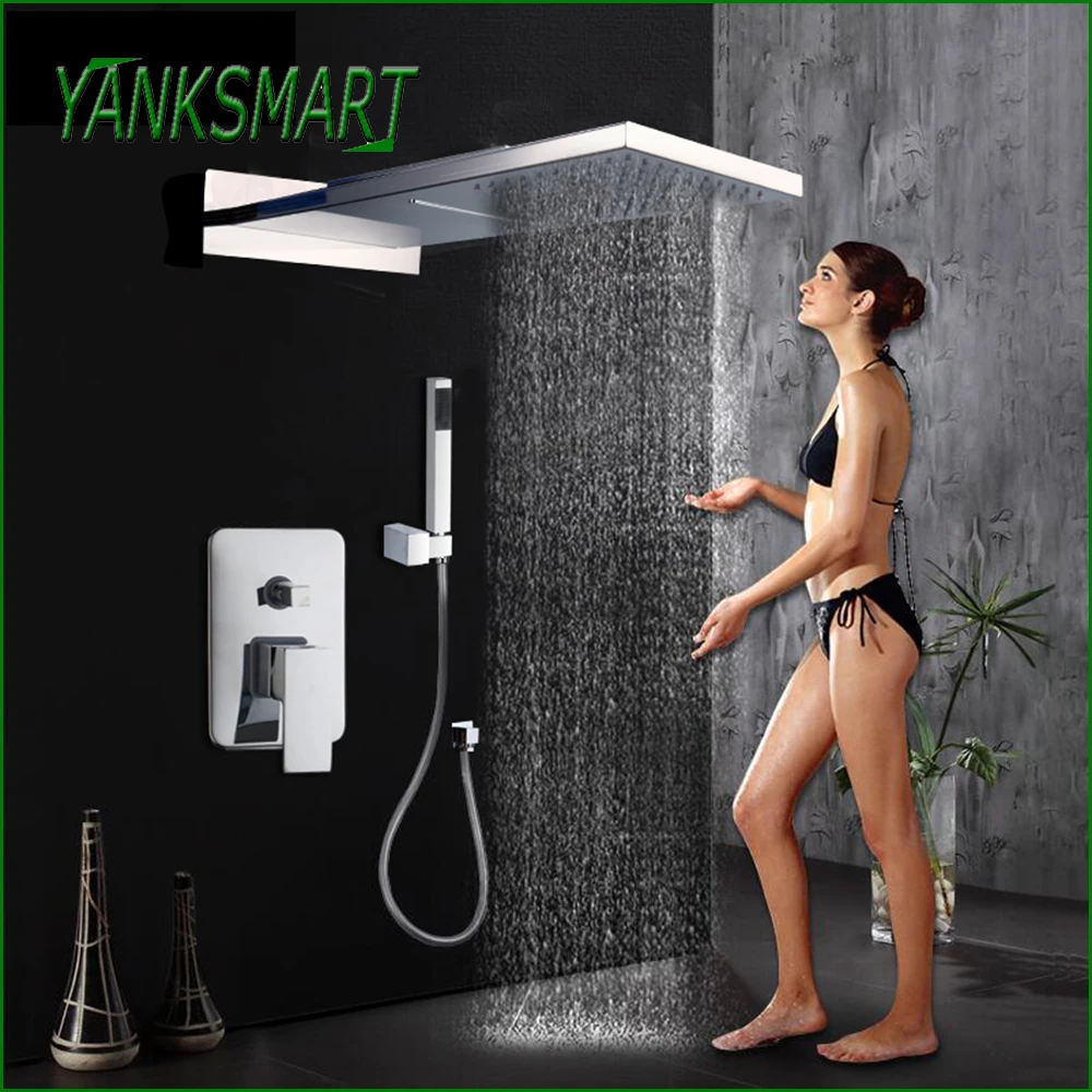 

YANKSMART Luxury Chrome Polished Rainfall Bathroom Shower Faucet Sets Shower Hand 2 Functions Shower Tap Wall Mount Taps