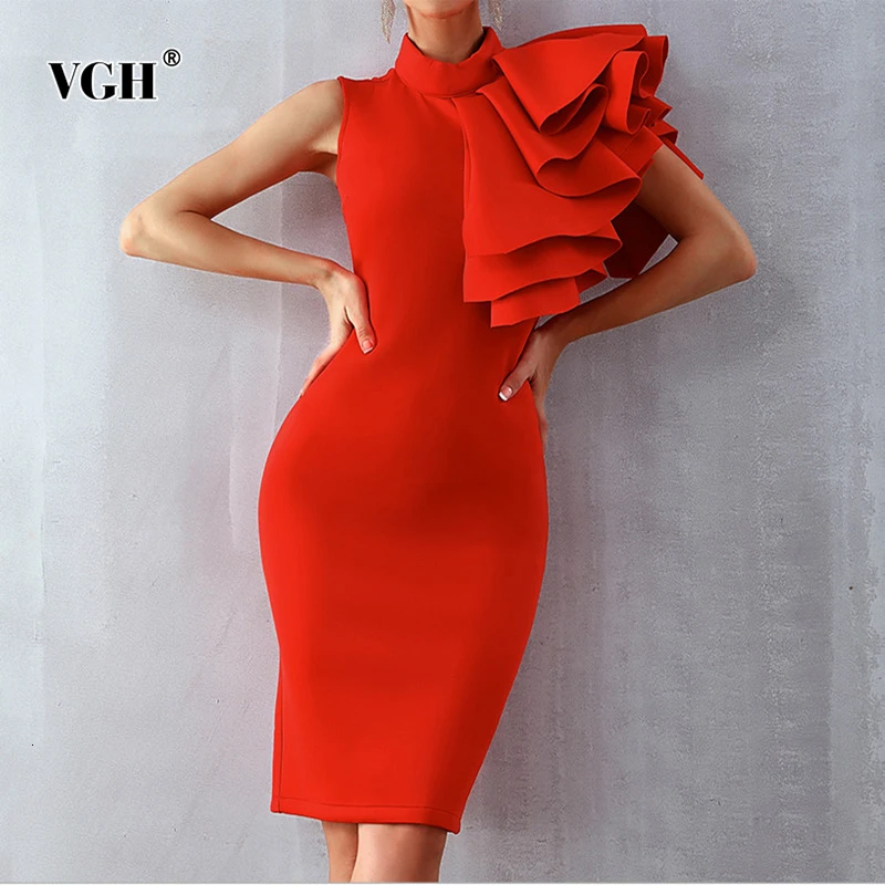 

VGH Patchwork Ruffle Slim White Dress For Women Stand Collar Sleeveless Back Split Dresses Female 2020 Summer Fashion Tide