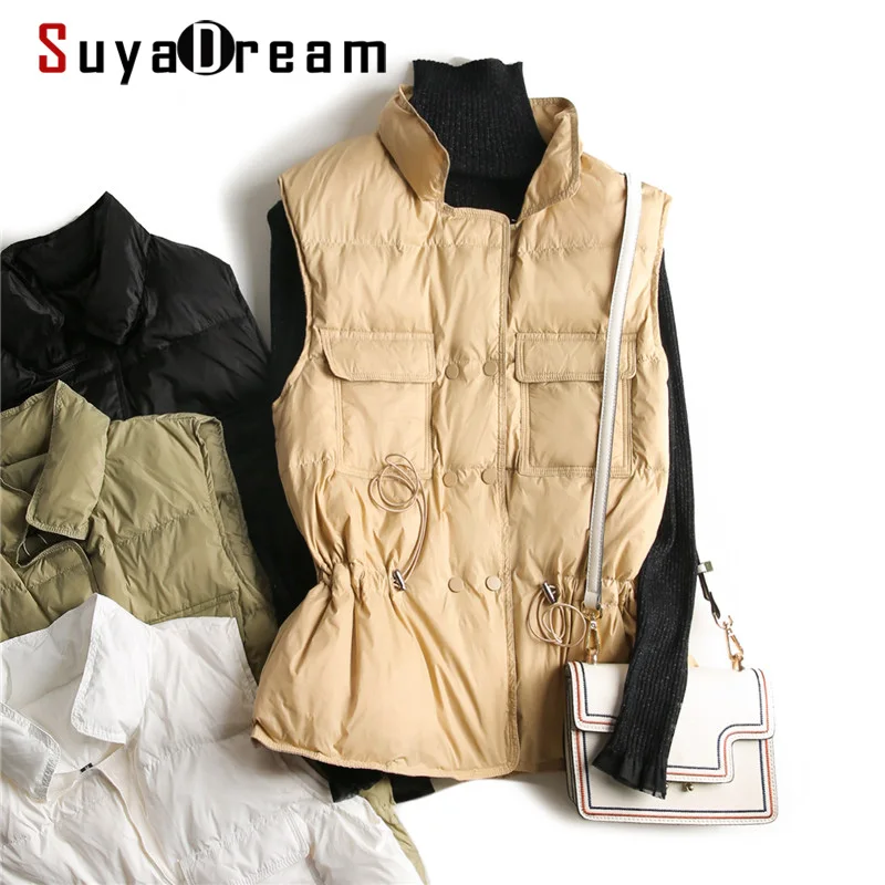 

SuyaDream Woman Down Coat Stand Collar 2020 Winter Vests Belted Waist Solid Womens Parka Warm Jackets