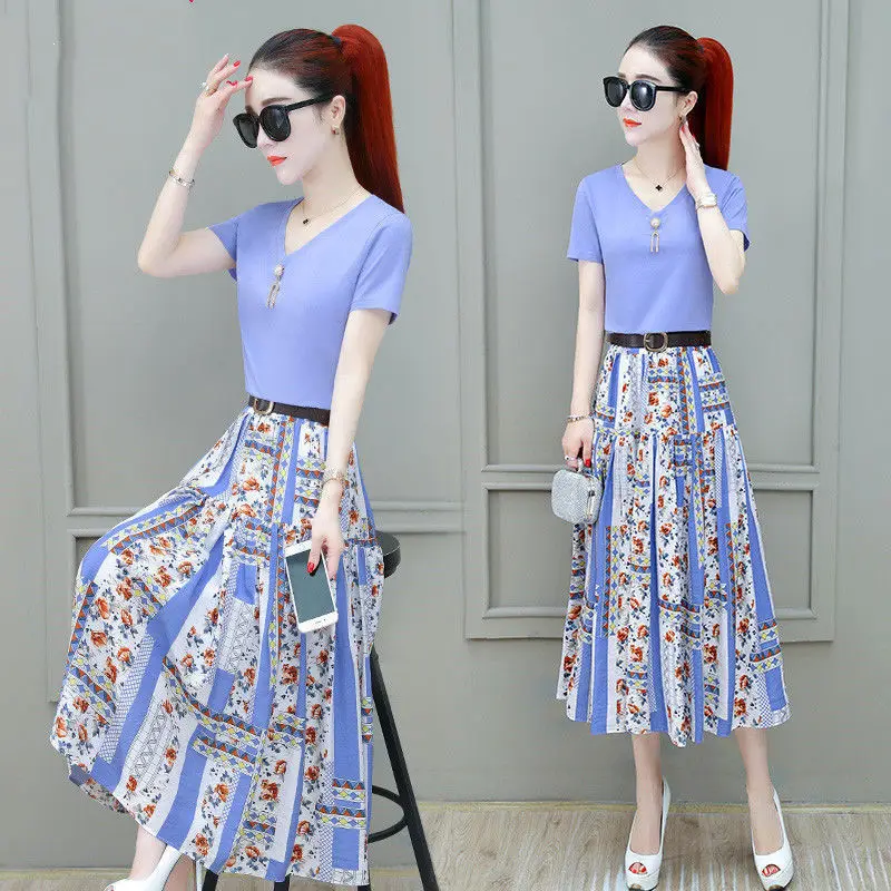 

Women Summer Clothing Set 2020 New Fashion V-neck Short Sleeve Two Pieces Suit 100% T-shirt & Chiffon Skirt Set High Quality