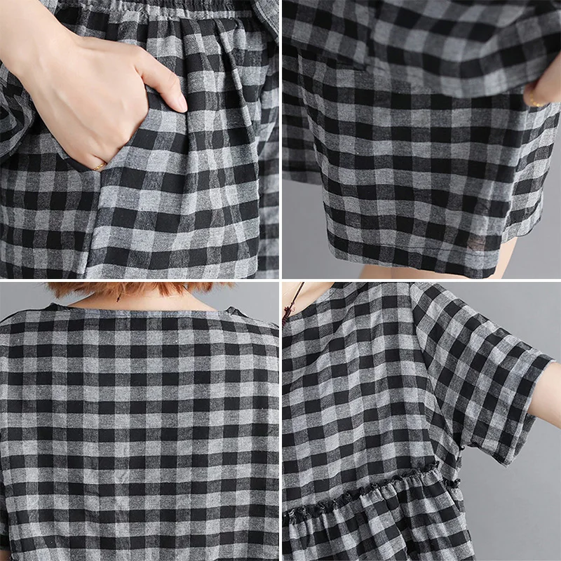 Women's Casual Outfit Ladies Loose Grid 2pcs Set Short Sleeve Round Neck Tops+Wide Leg Shorts Plaid 100% Brand New |