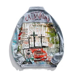 Мужская джинсовая куртка, потертая повседневная куртка в стиле хип-хоп, с принтом в виде маленького демона и граффити, свободная верхняя одежда, осень 2021