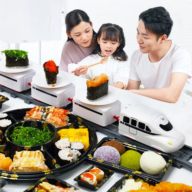 

Rotary Sushi Rail Car Toys DIY Electric Transport Train with Revolving Foods Plate Toys for Children Birthday Party Dinner Toys