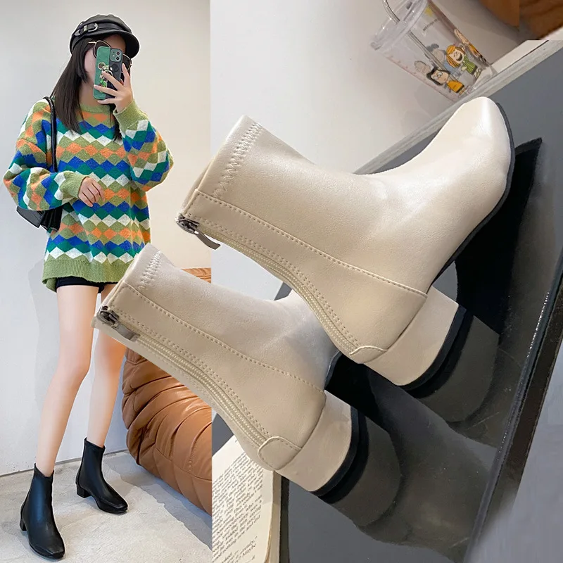 

Женские ботинки на квадратном каблуке, новинка осень-зима 2021, женские ботинки Martin, Короткие эластичные ботинки на среднем каблуке с квадрат...