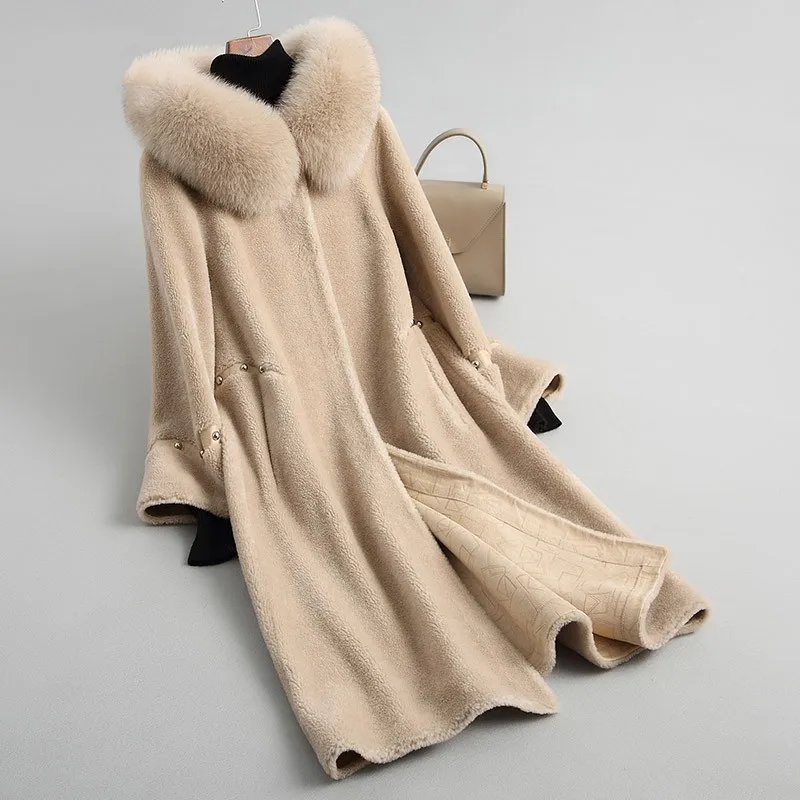 

Women's Fur Coat Real Wool Female Jacket Sheep Shearing Jackets Warm Winter Natural Fox Fur Hooded Long Coats Fashion Clothes