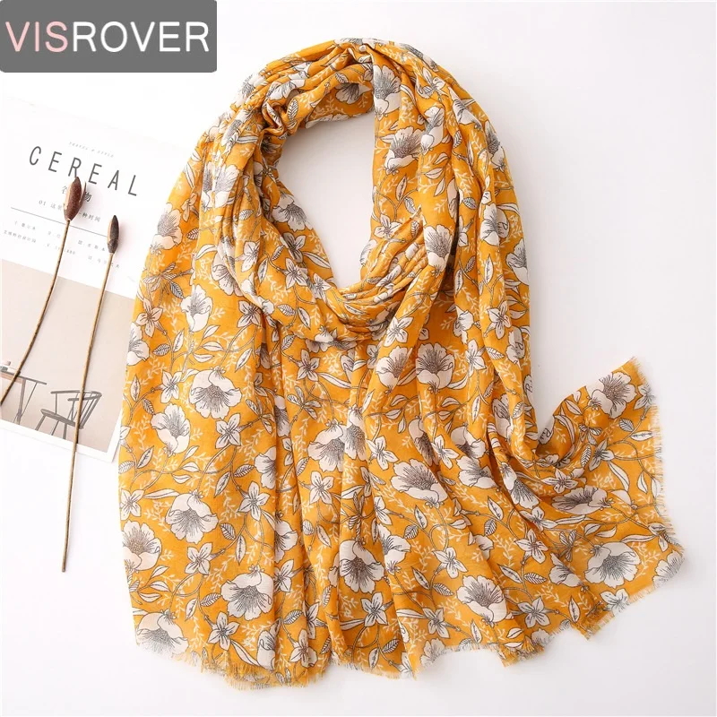 

VISROVER Summer Scarf For Women Girl Yellow Viscose Bohemian Floral Scarf Tropical Print Scarf Beach Scarfs Sun Protection Shawl
