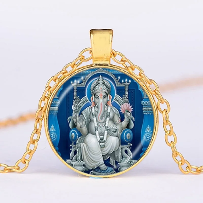 

Ganesha Buddha Elephant Necklace Hindu Elephant Lord Lotus Meditation Spiritual Glass Pendant 4 Colors Long Chain Jewelry