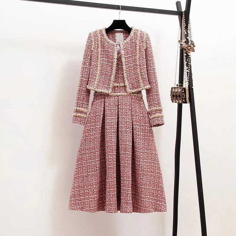 

Runway Fall Winter Tweed Women's Long Sleeve Plaid Jacket Coat Outwear + Sleeveless Vest Elegant Dress Two Piece Set Suits