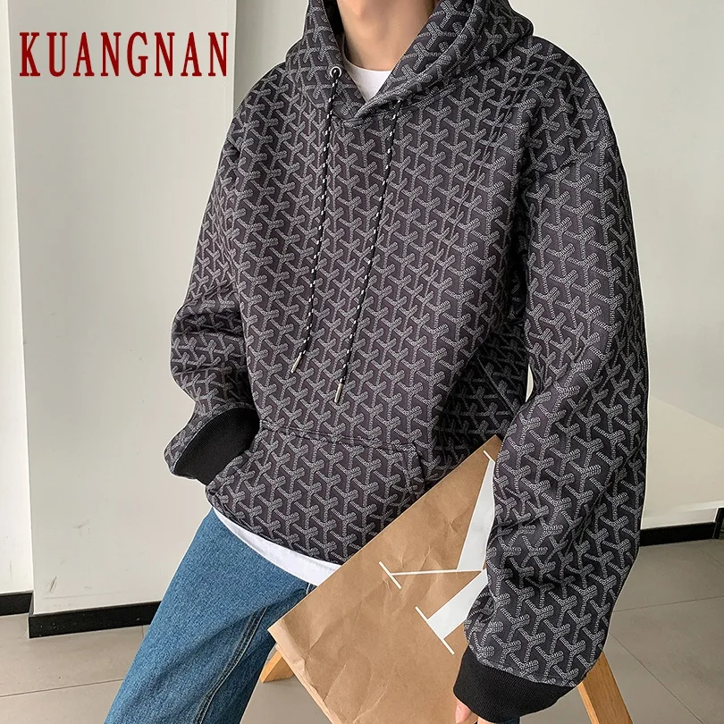 KUANGNAN Argyle Толстовка для мужчин Японская уличная Мужская s толстовки хип-хоп
