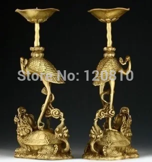 ONE PAIR OF ORIENTAL CHINESE CARVED COPPER CANDLE STICK-CRANE STATUES
