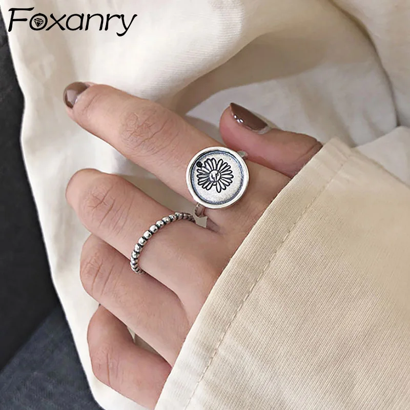 

Foxanry INS Fashion 925 Sterling Silver Daisy Rings for Women Creative Simple Geometric Vintage Handmade Party Jewelry Gifts