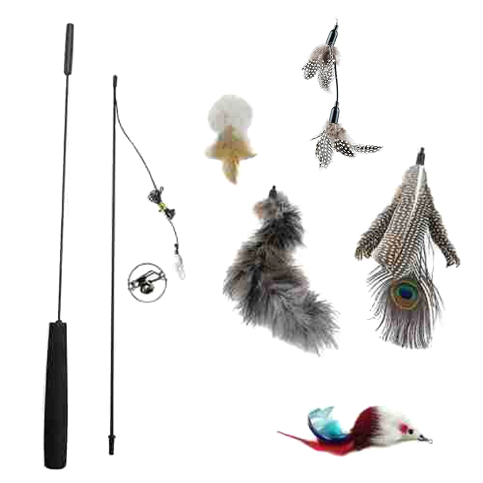 

6pcs Retractable Cat Wand Toy Set Gray Cat Teaser with Feather Head Replacement & Bell Cat Stick Supply for Kitten BOM666