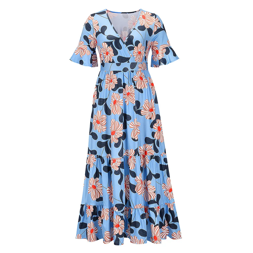 

Summer 2021 short-sleeved V-neck printed large skirt mid-length dress
