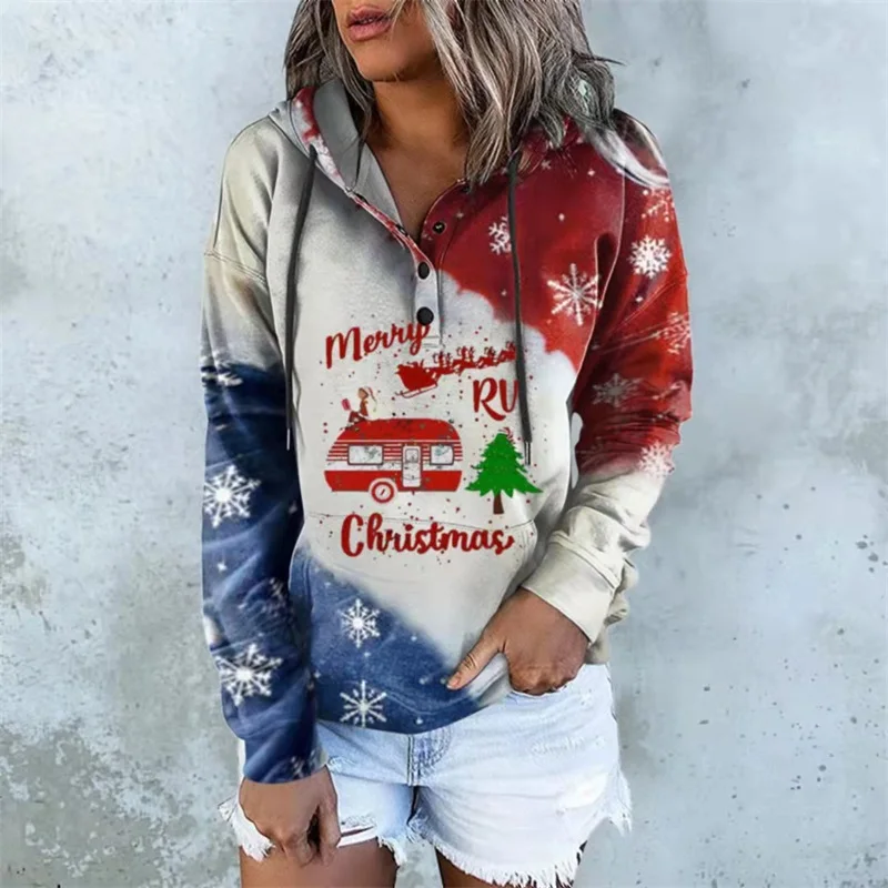 

Women's Sweatshirt Christmas Printed Long Sleeve Neckline Button Closed Drawstring Hooded Pullover Women's Hoodies Streetwear