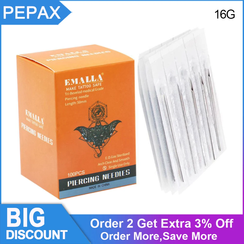 PEPAX 100 шт. 16G пирсинг иглы хирургическая сталь одноразовый для тела