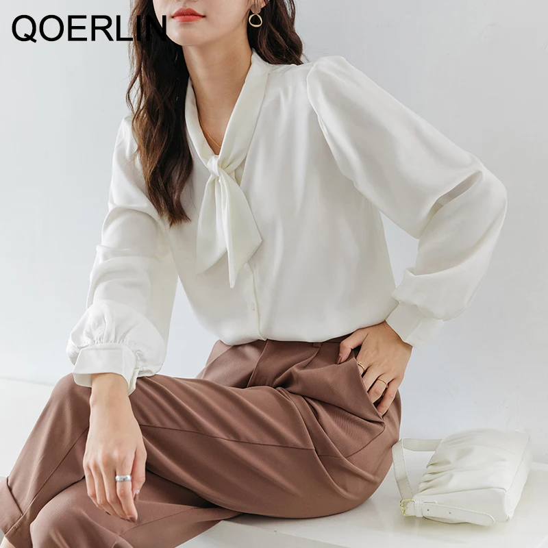 

QOERLIN Pink Shirts Women Long Sleeve Bowtie Loose Casual Elegant Blouse Single-Breasted Tops Office Ladies White Shirts S-XL