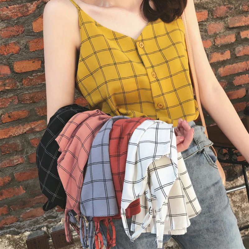 Женские топы на бретельках с клетчатым принтом шифоновый жилет пуговицах v