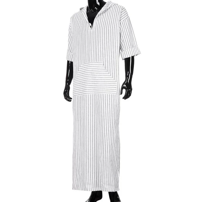 

Saudi Arabia Men Muslim Jubba Thobe Hooded Striped V-neck Linen Breathable Long Robe Shirt Islamic Clothing Men Casual Outfits
