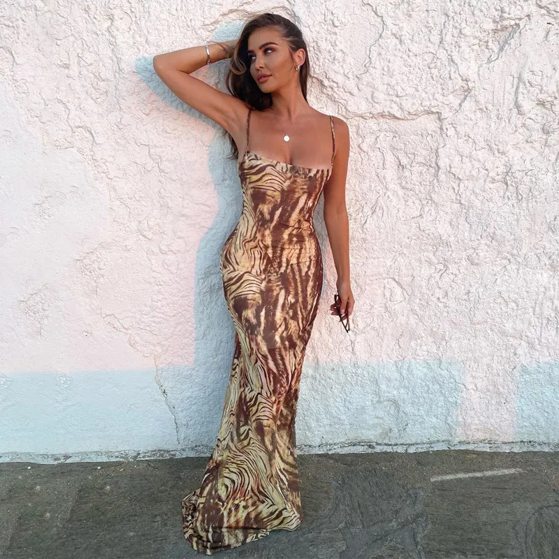 

Женские летние Спагетти ремень Bodycon платье в цветочном принте, Разделение чулок длинное платье Открытое платье без рукавов для женщин с низ...