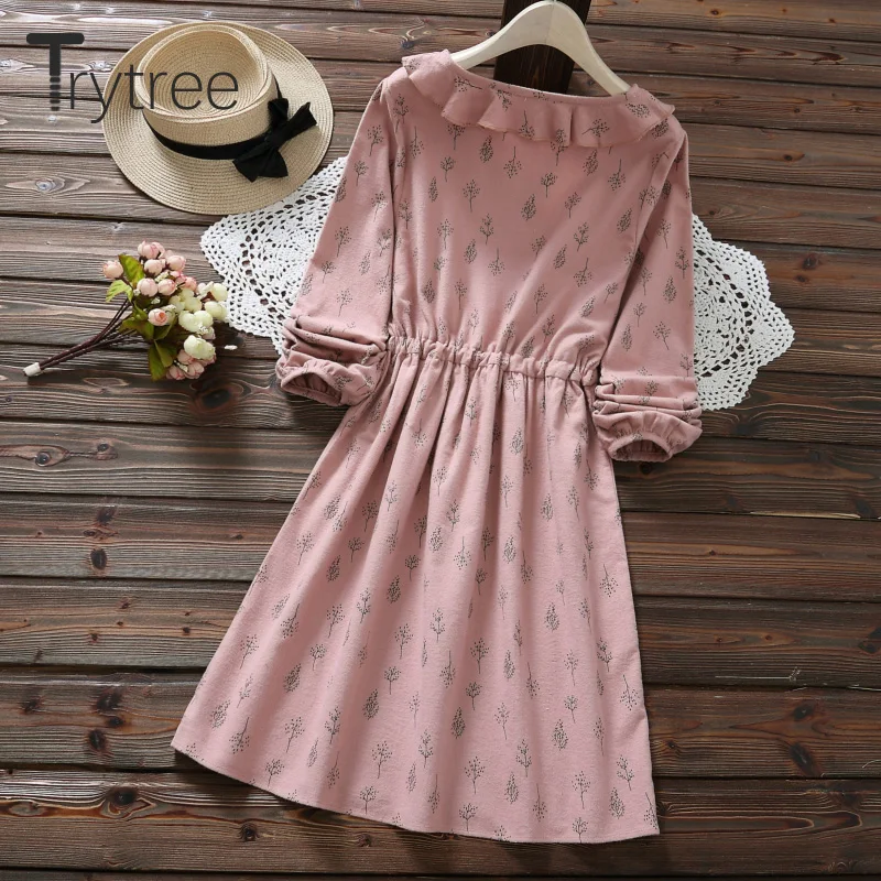 Trytree/осеннее женское платье Повседневное с цветочным принтом гофрированный