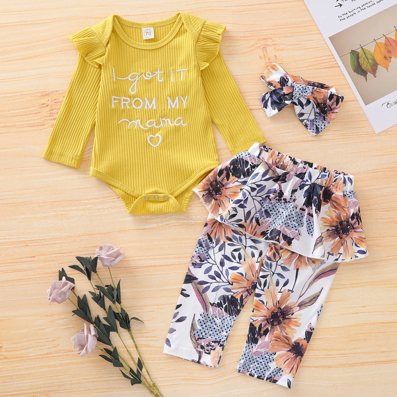 

Autumn Baby Girl Clothes 3pcs Newborn Ruffles Letter Printing Long Sleeve Romper Bodysuit+Long Pants+Headband Outfits Cute Set