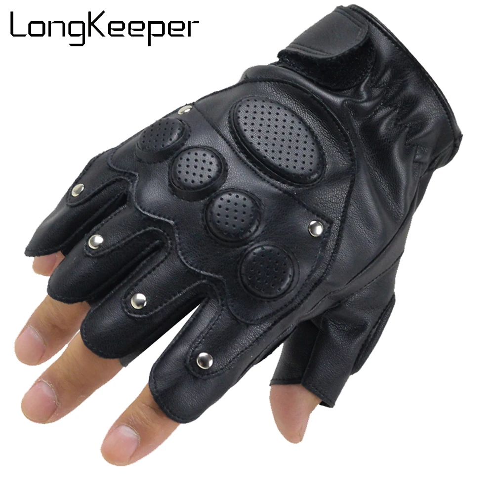 

LongKeeper Brand PU Leather Half Finger Gloves Men New Breathable Sport Fitness Tactical Mitten Black Rivet Guantes Luvas