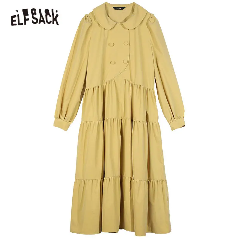 

ELFSACK Solid Pure High Waist Loose Casual Midi Dress Women,2020 Winter ELF Vintage Chic Button Korean Female,Party Dresses