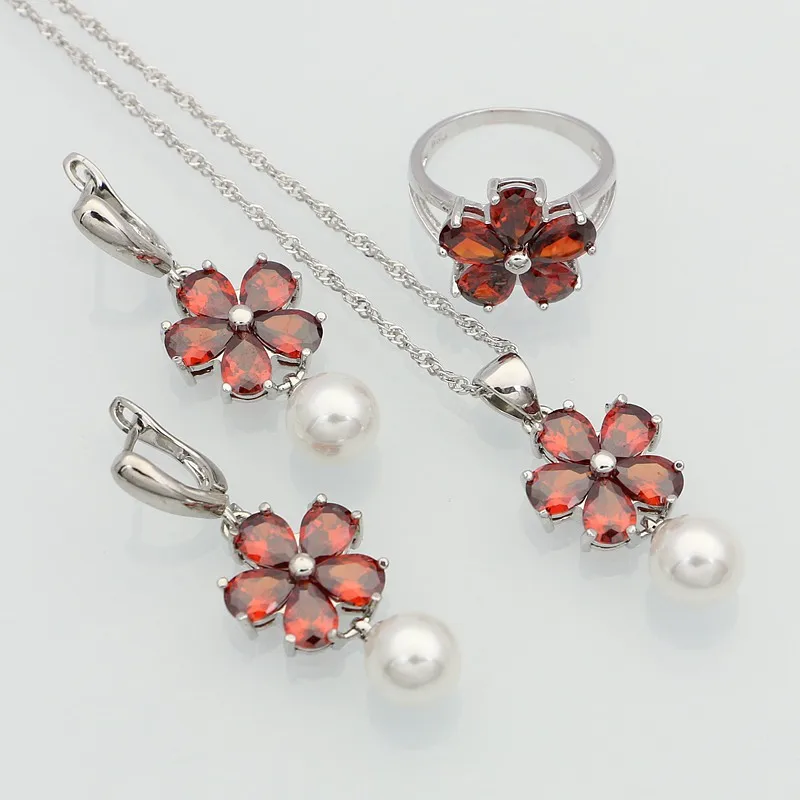 Серебряная бижутерия 925 пробы с красным гранатом и белым жемчугом наборы