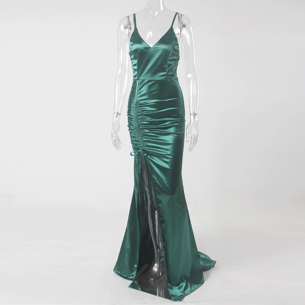 

Green Satin Drawstring Split Leg V neck Backless Sleeveless Long Evening Party Dress Gown Prom Summer